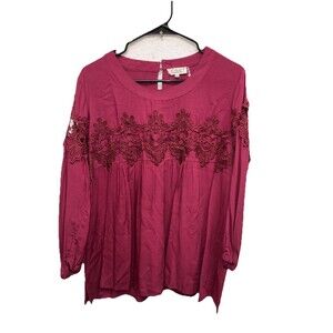 Clothing Obsessed Company COC blouse Maroon women 1XL Keyhole Buttons Lace Boho